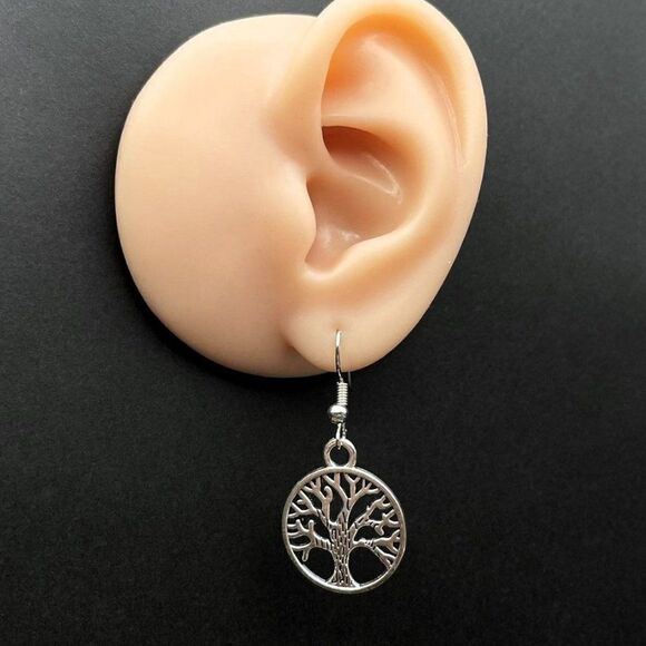 Silver Round Boho Style Intricate Tree of Life Dangling Drop Hook Earrings - Picture 8 of 9